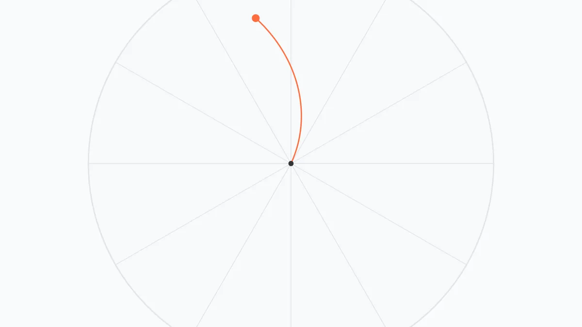 A ball thrown from the centre of a spinning disk, its path curving away from the target