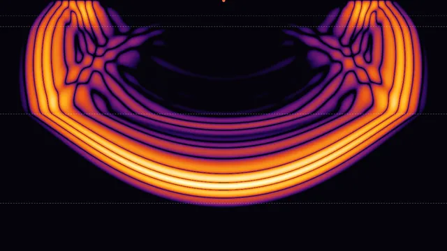 A cross-section of the Earth's interior, with a P-wave from a surface earthquake spreading down through the mantle — its flanks refracted back up toward the surface, its front crossing into the core, and a dark shadow left in the middle